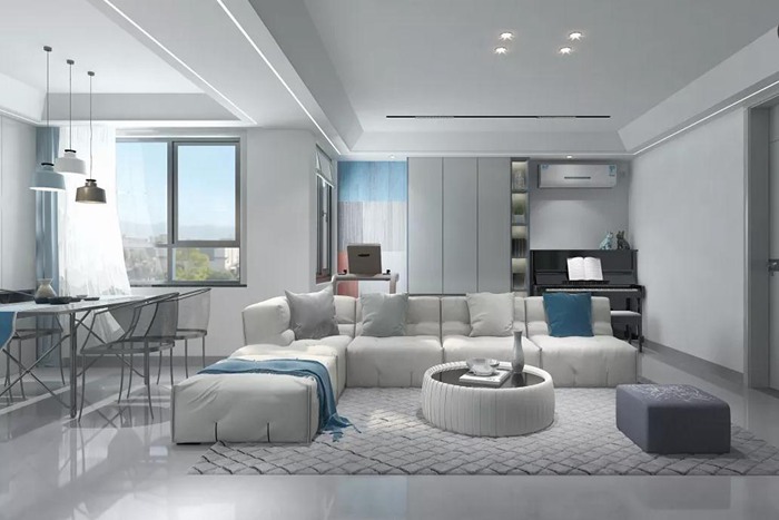 房屋的裝修設(shè)計(jì)是簡約的，珠海色彩是藍(lán)色的。